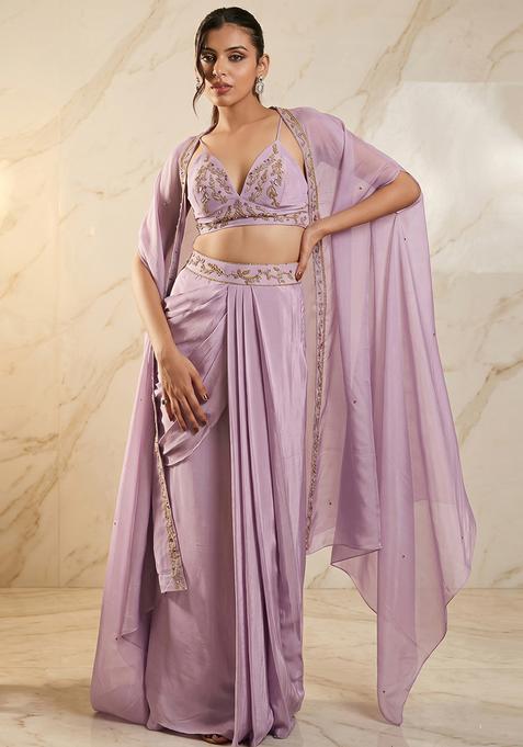 Lilac Embroidered Handwork Fusion Set