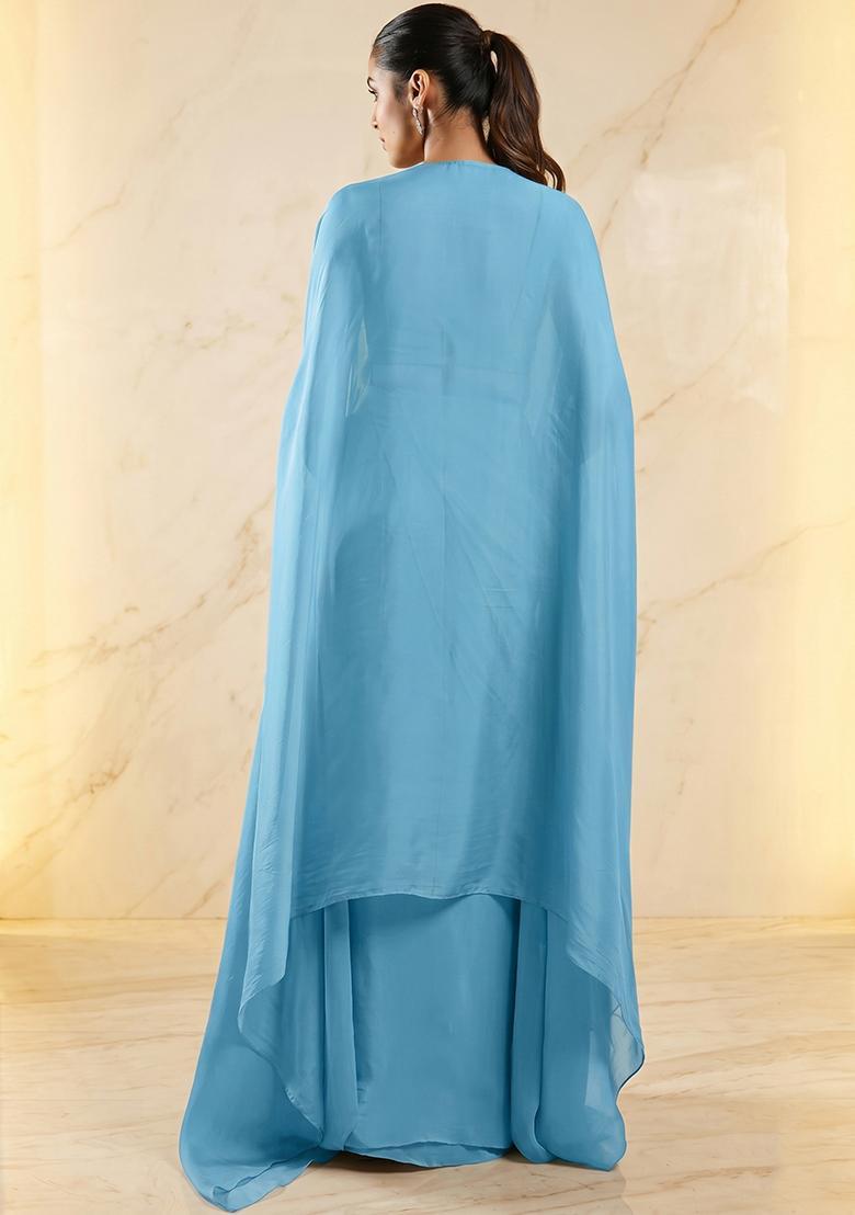 Sky Blue Embroidered Handwork Fusion Set - Indya