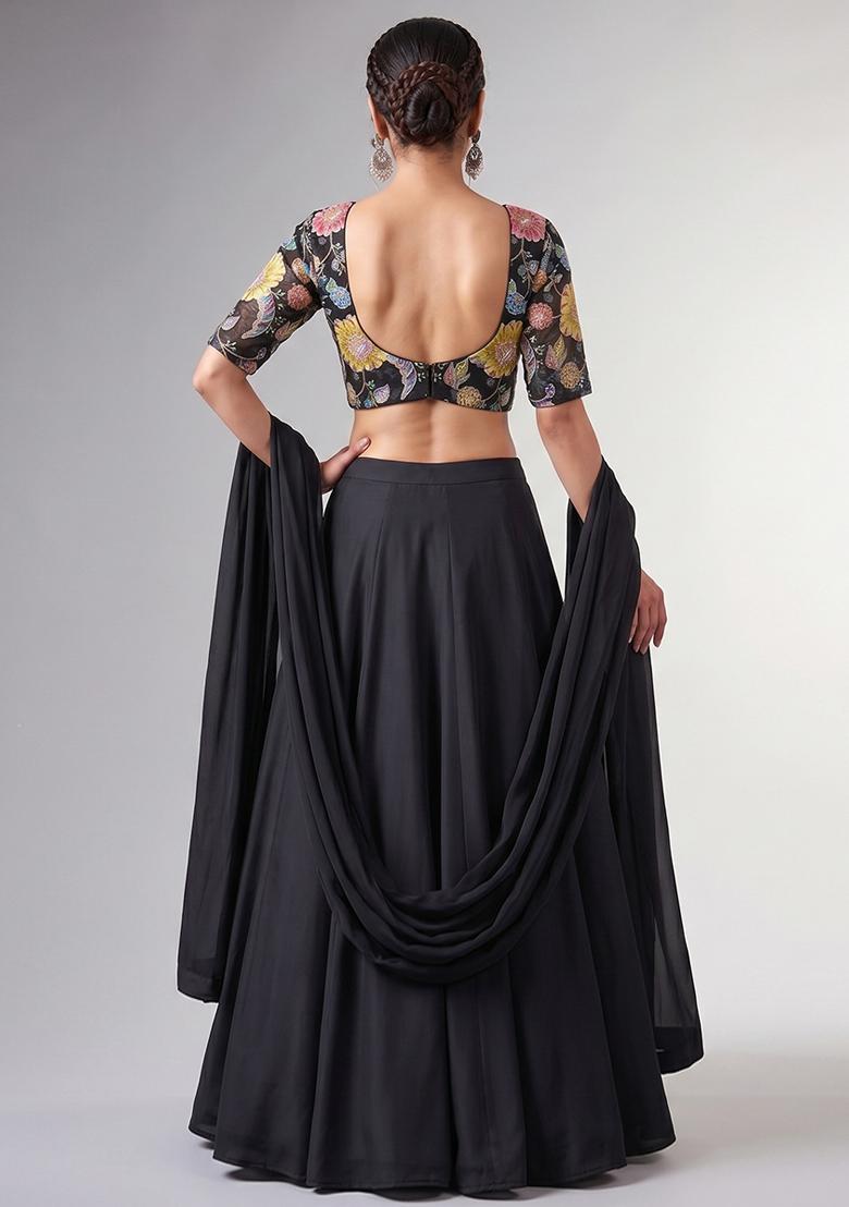 Black Printed Organza Lehenga Set - Indya