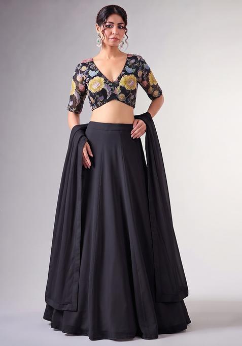 Black Printed Organza Lehenga Set