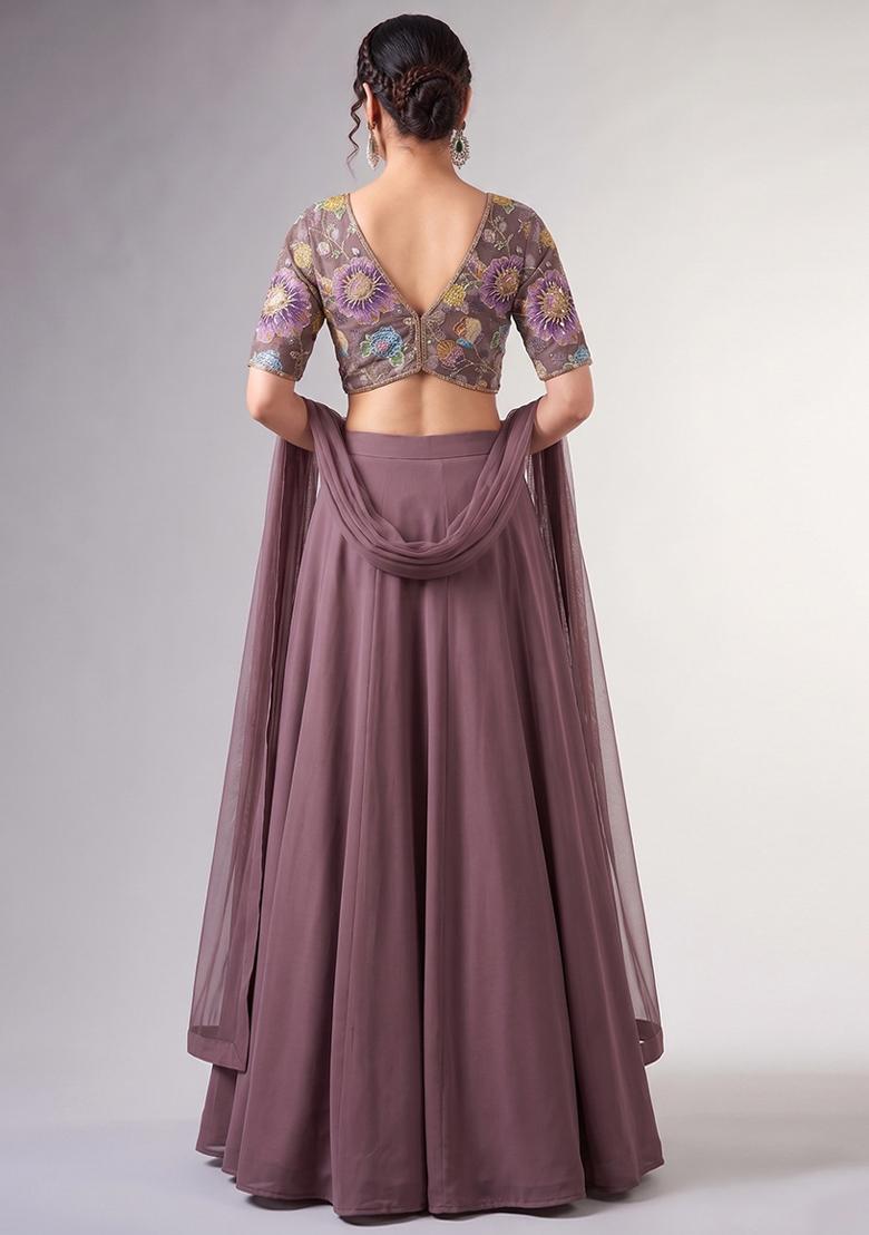 Dusty Mauve Printed Organza Lehenga Set - Indya