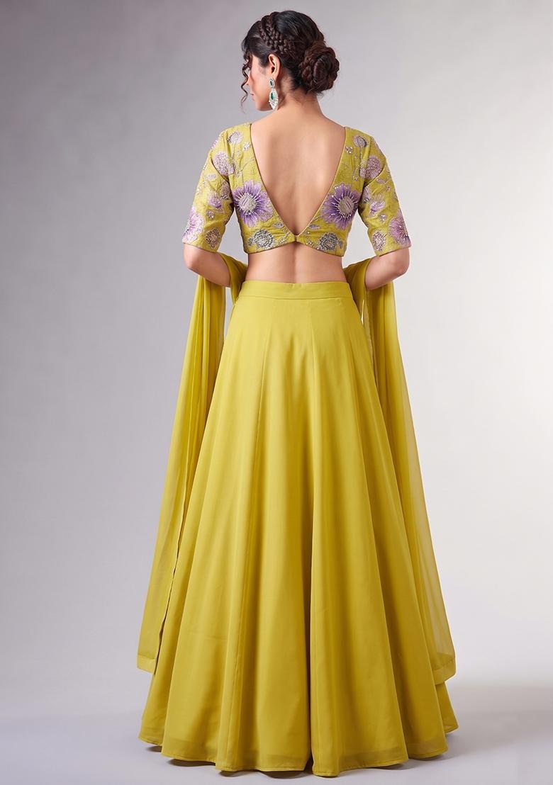 Lime Printed Organza Lehenga Set - Indya