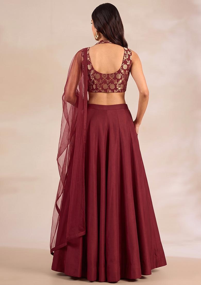 Maroon Silk Blend Lehenga Set - Indya