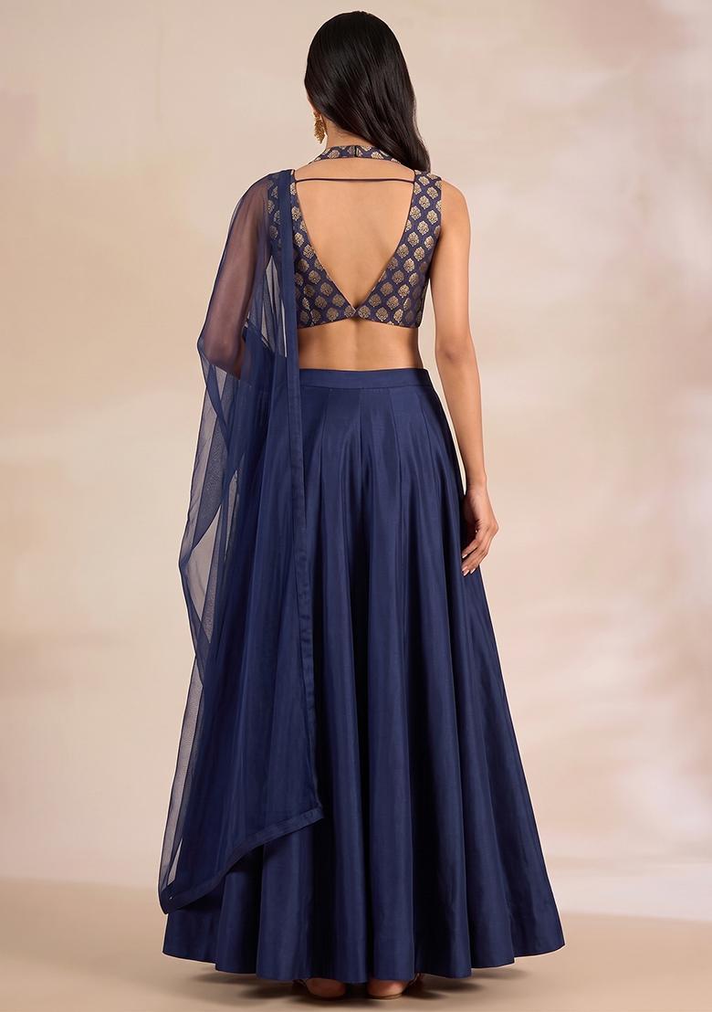 Navy Blue Silk Blend Lehenga Set - Indya