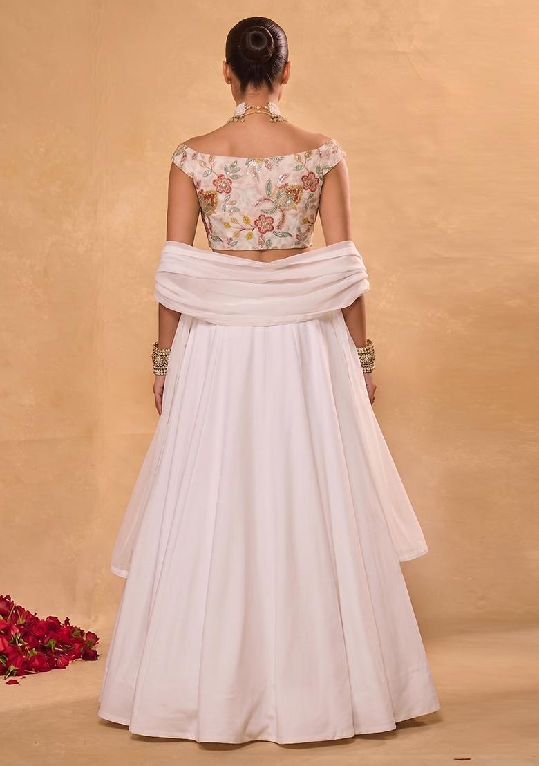 White Embroidered Organza Lehenga Set - Indya