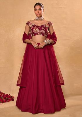 Maroon Embroidered Organza Lehenga Set