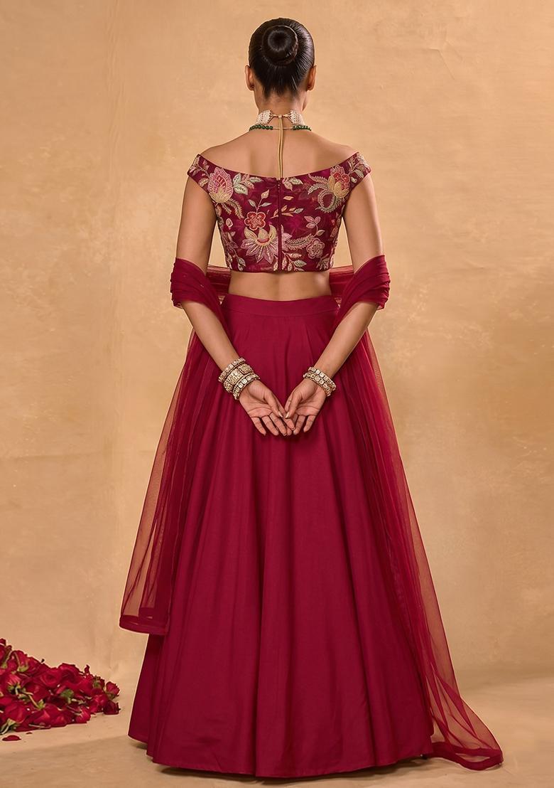 Maroon Embroidered Organza Lehenga Set - Indya