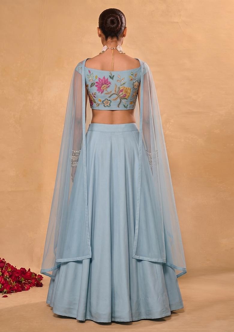 Light Blue Embroidered Organza Lehenga Set - Indya