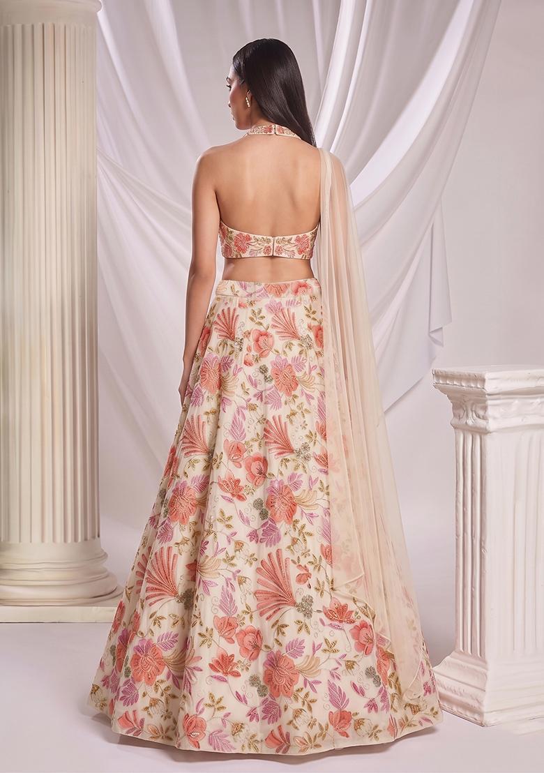 Multi Colour Printed Organza Lehenga Set - Indya