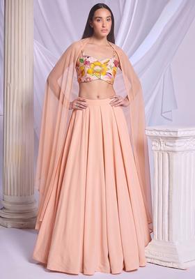 Light Peach Printed Chinon Lehenga Set