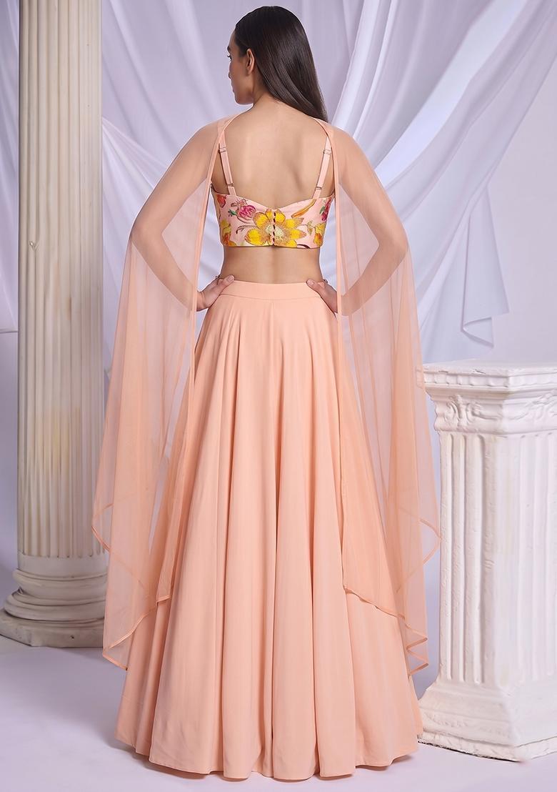 Light Peach Printed Chinon Lehenga Set - Indya