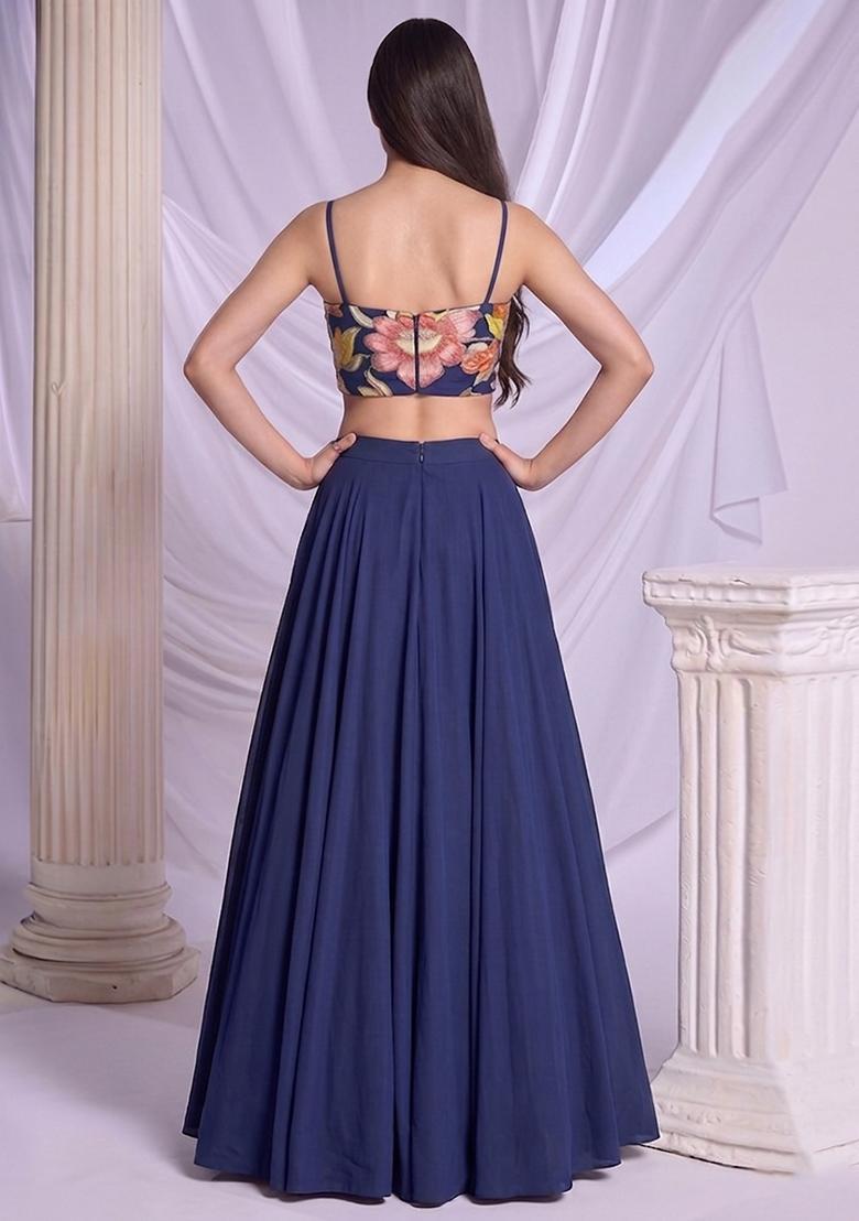 Navy Blue Printed Chinon Lehenga Set - Indya