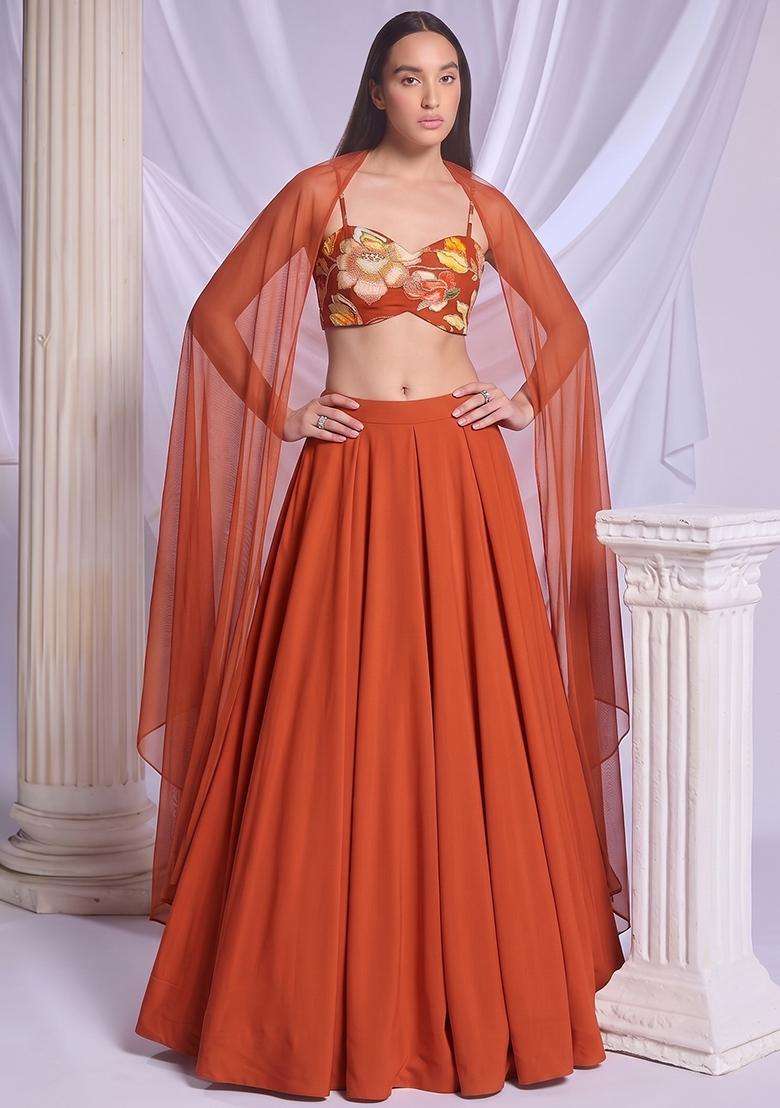 Orange Printed Chinon Lehenga Set - Indya