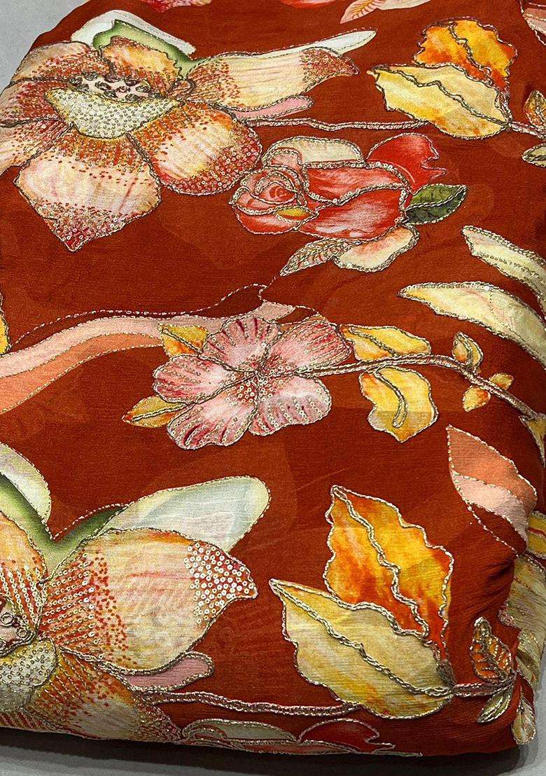 Orange Printed Chinon Lehenga Set - Indya