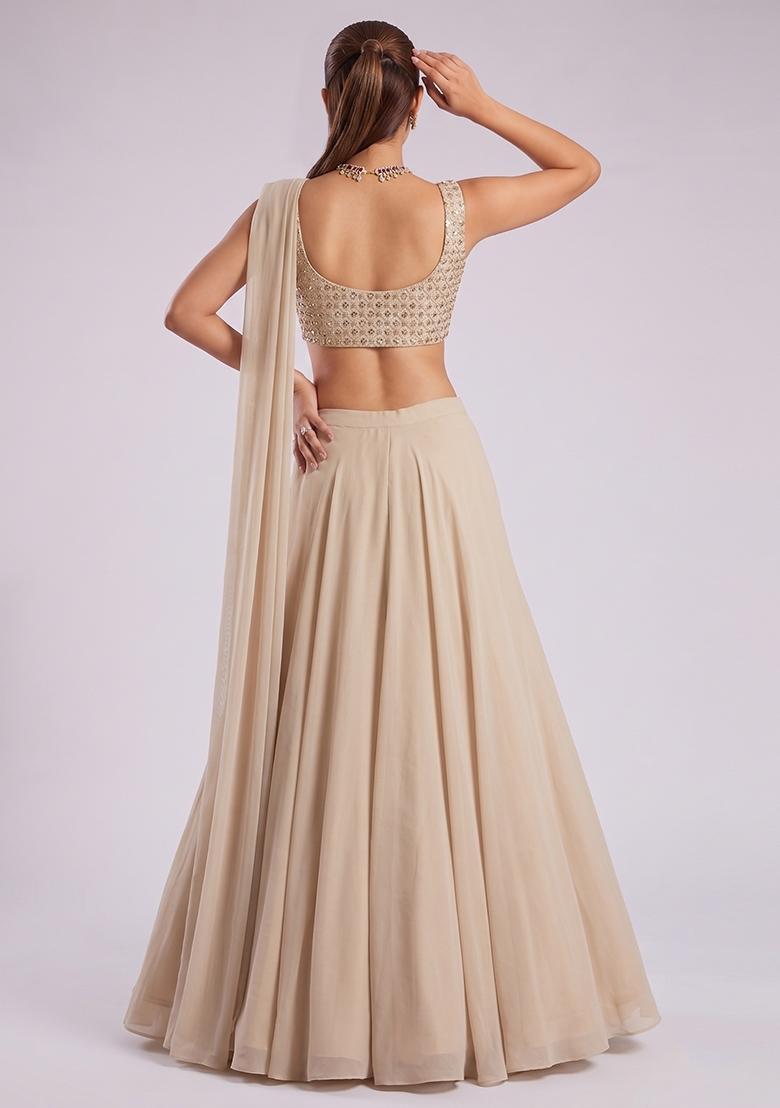 Off White Embroidered Tissue Lehenga Set - Indya