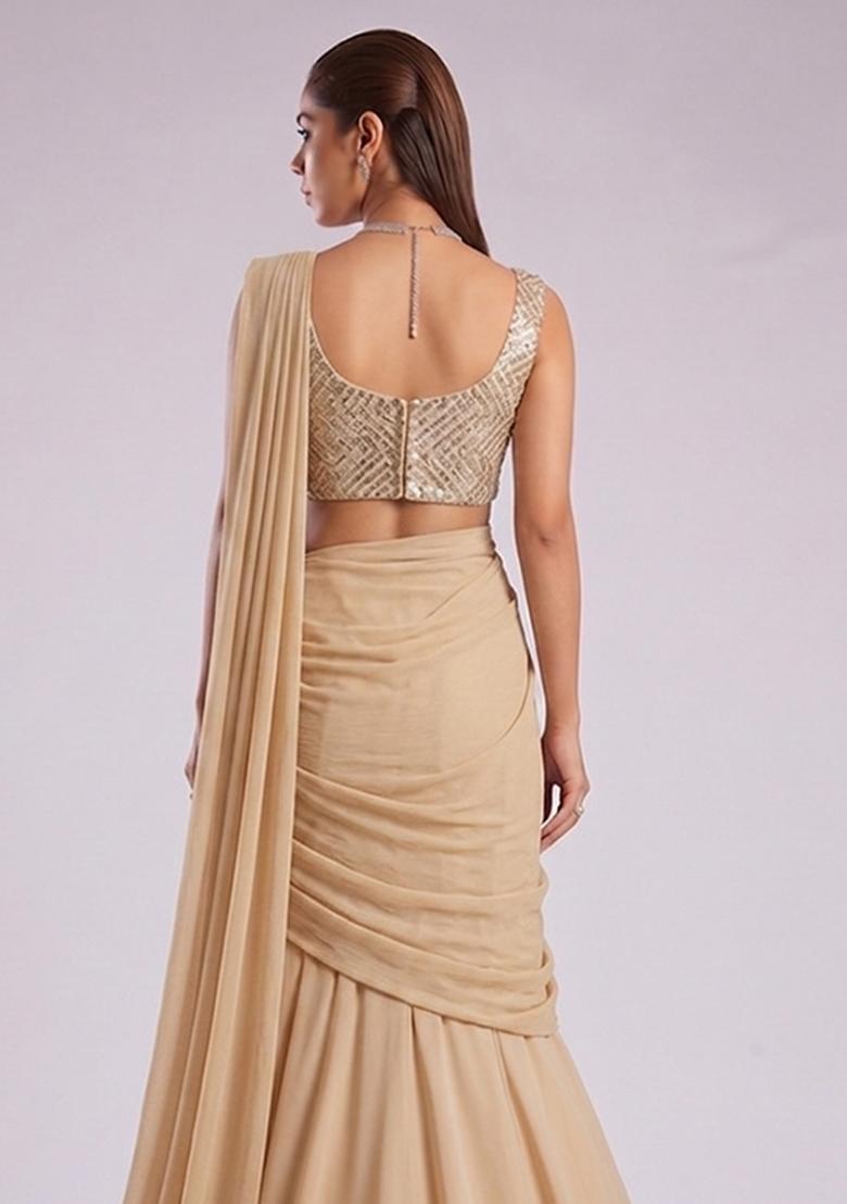 Cream Embroidered Tissue Lehenga Set - Indya