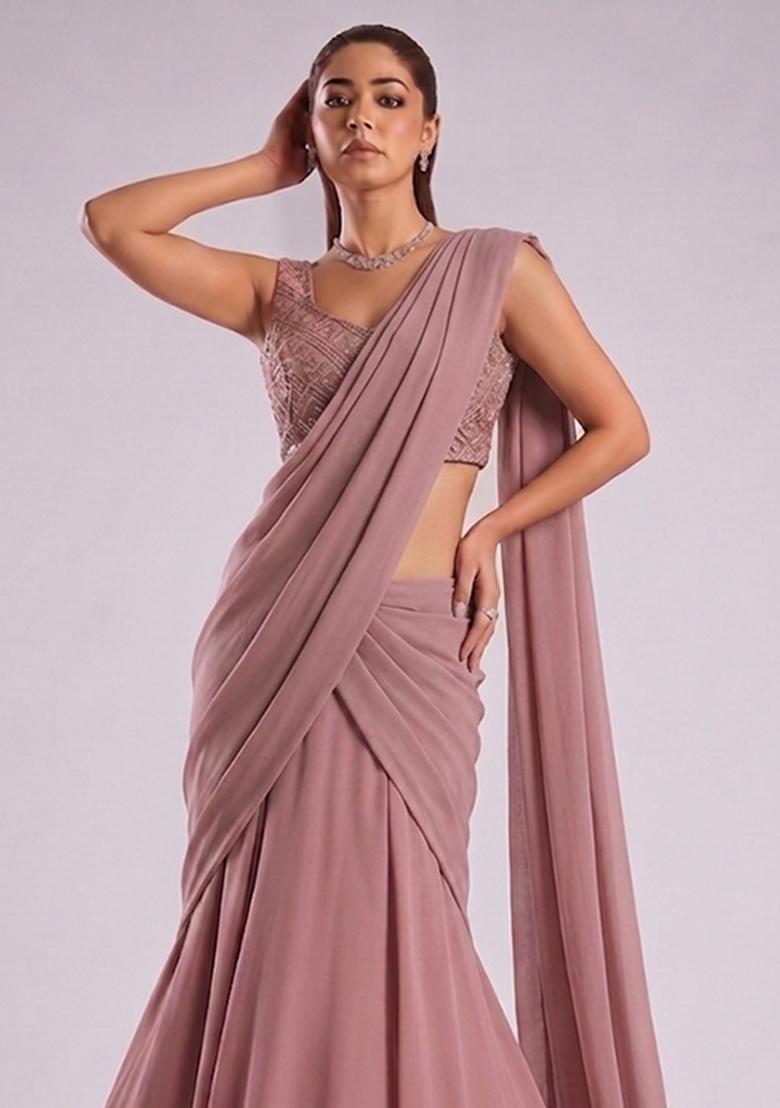 Mauve Embroidered Net Lehenga Set - Indya