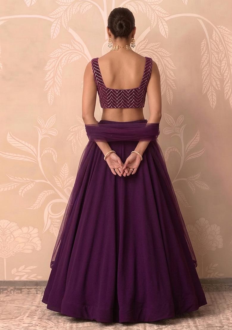 Dark Purple Embroidered Silk Blend Lehenga Set - Indya