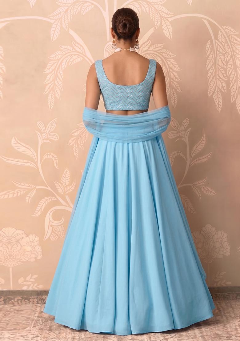 Light Blue Embroidered Silk Blend Lehenga Set - Indya