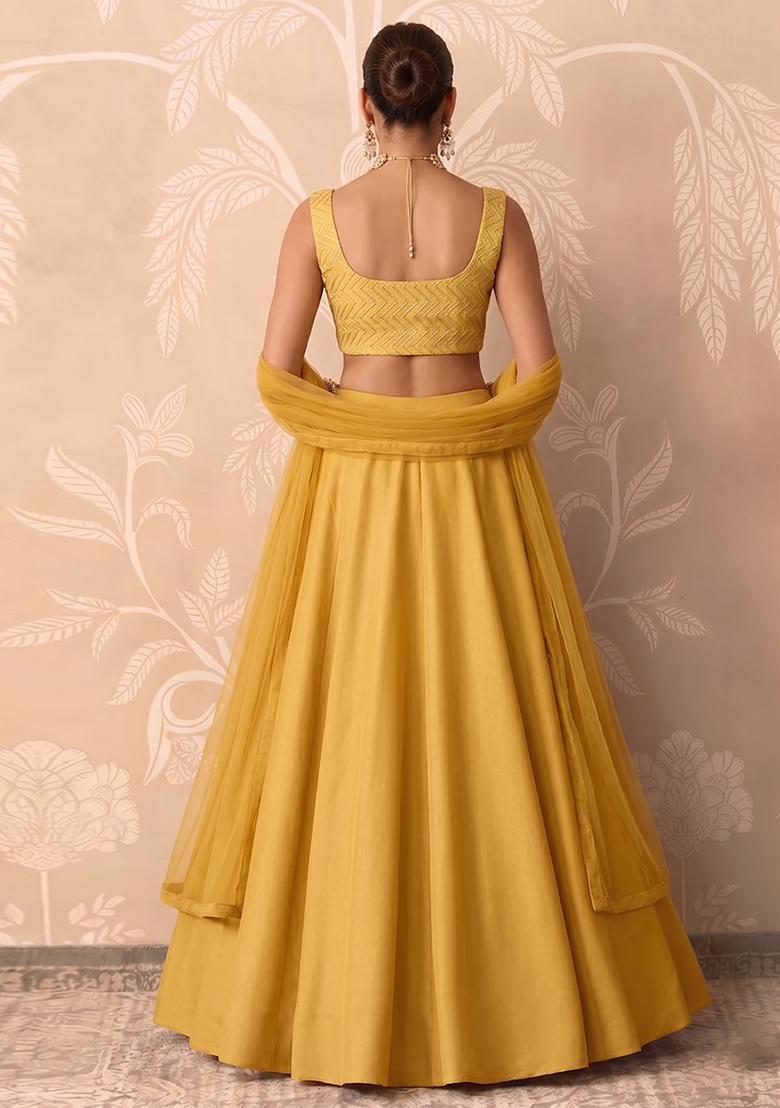 Yellow Embroidered Silk Blend Lehenga Set - Indya