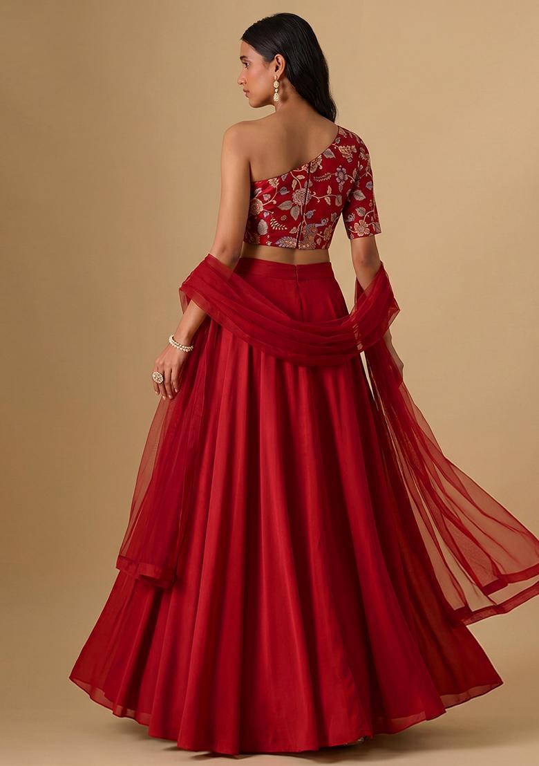 Red Printed Silk Blend Lehenga Set - Indya