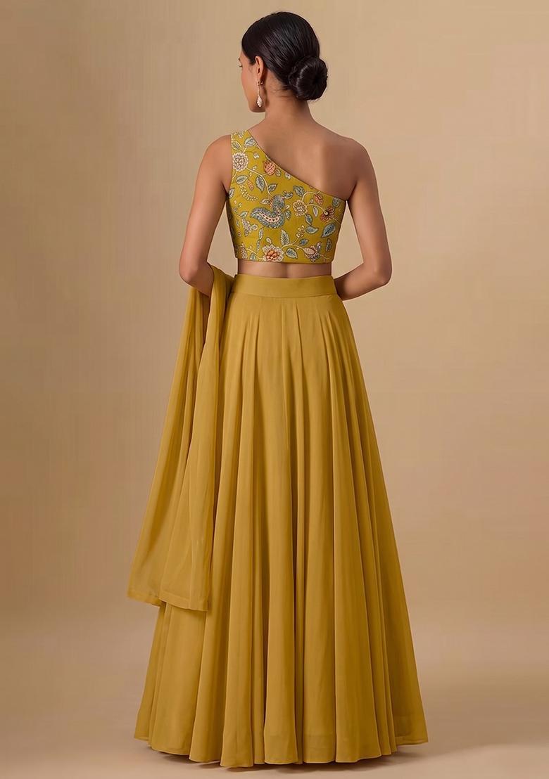 Yellow Printed Silk Blend Lehenga Set - Indya