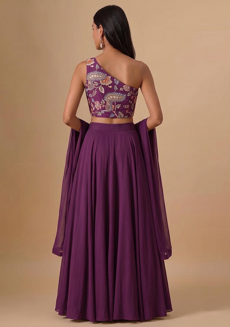 Purple Printed Silk Blend Lehenga Set - Indya