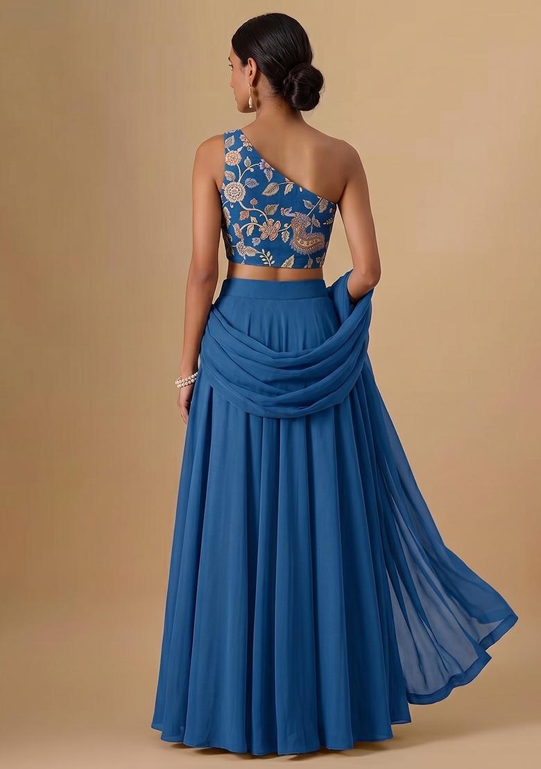 Blue Printed Silk Blend Lehenga Set - Indya