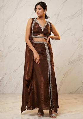 Brown Embroidered Handwork Fusion Set