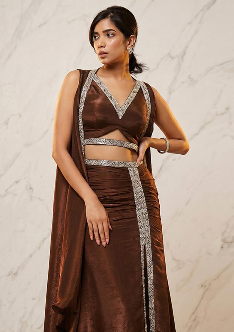 Brown Embroidered Handwork Fusion Set - Indya