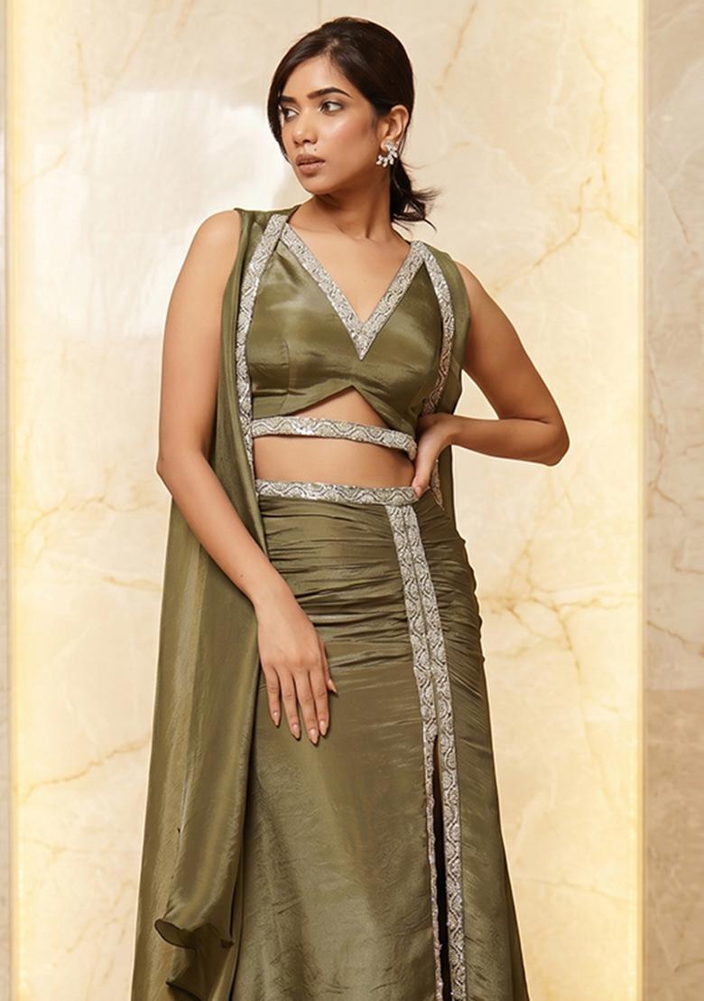 Olive Embroidered Handwork Fusion Set - Indya
