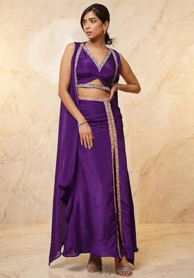 Purple Embroidered Handwork Fusion Set