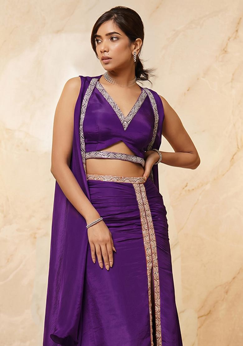 Purple Embroidered Handwork Fusion Set - Indya