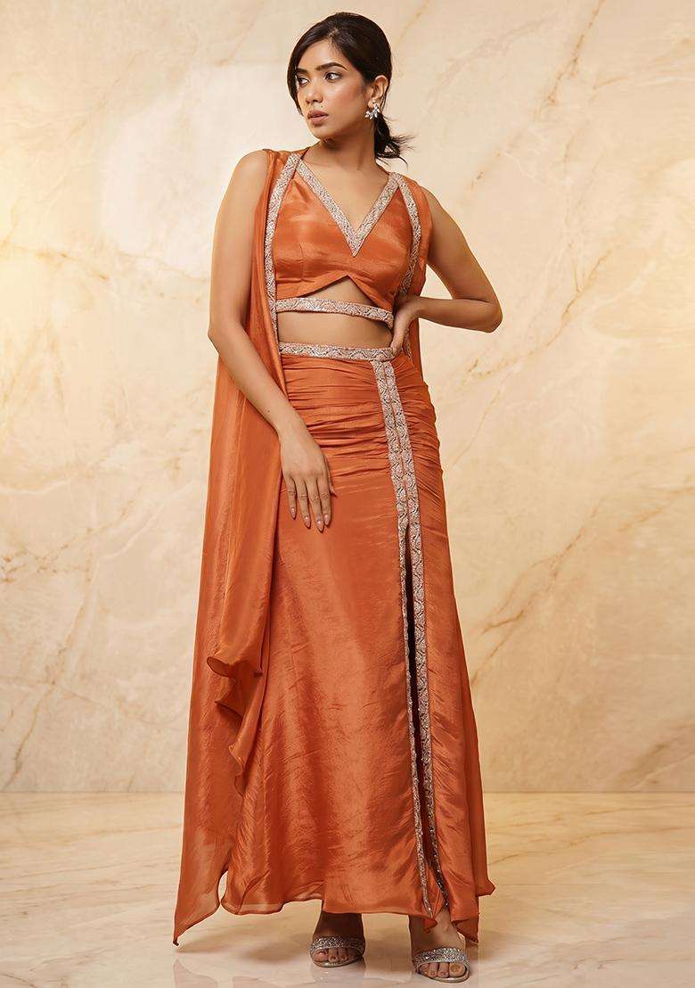 Rust Embroidered Handwork Fusion Set - Indya
