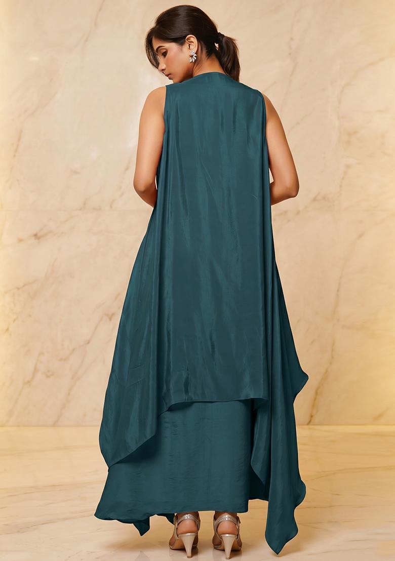 Teal Embroidered Handwork Fusion Set - Indya