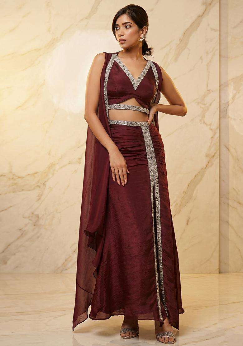 Wine Embroidered Handwork Fusion Set - Indya
