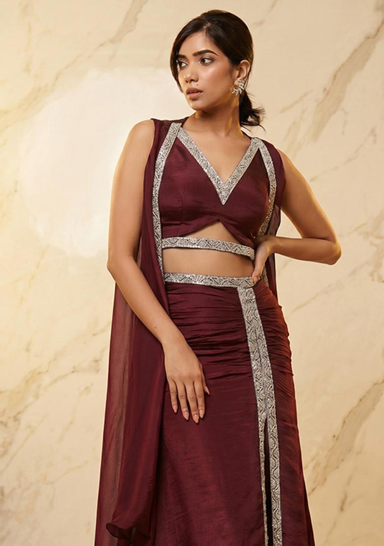 Wine Embroidered Handwork Fusion Set - Indya