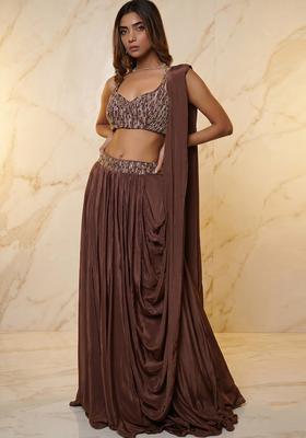 Brown Embroidered Handwork Fusion Set