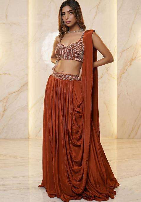 Rust Embroidered Handwork Fusion Set