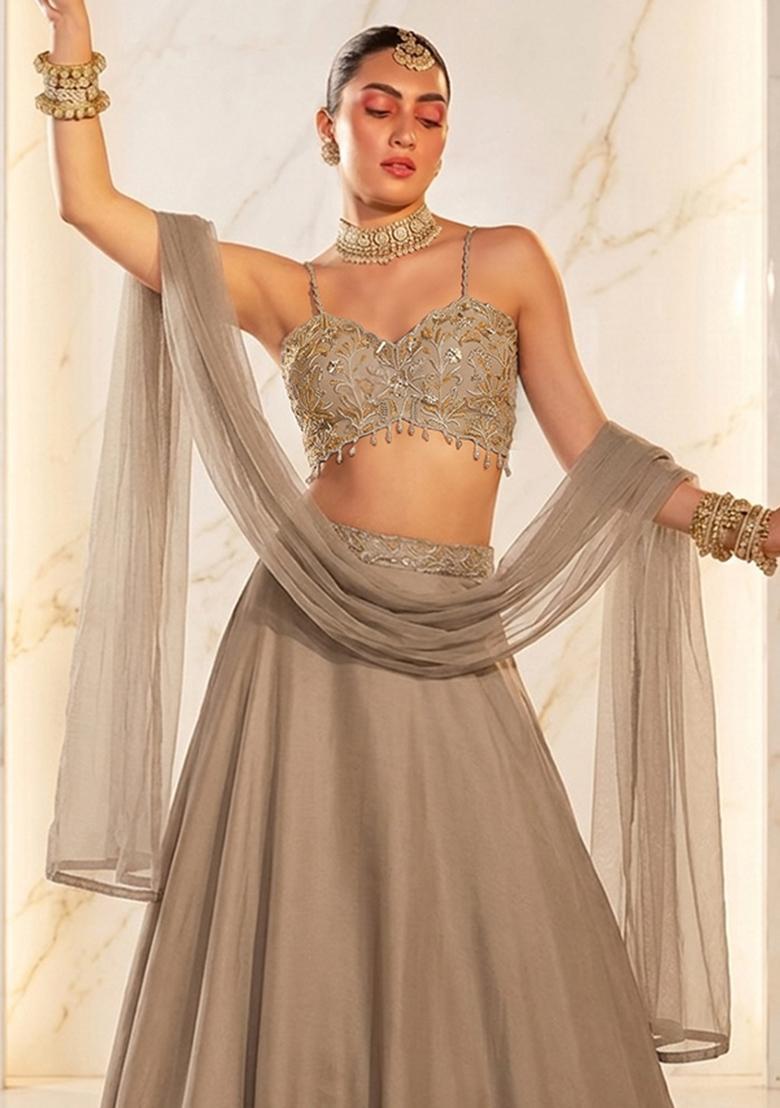 Beige Embroidered Handwork Lehenga Set - Indya
