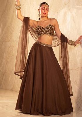 Dark Brown Embroidered Handwork Lehenga Set
