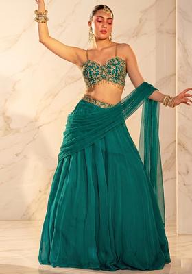 Green Embroidered Handwork Lehenga Set