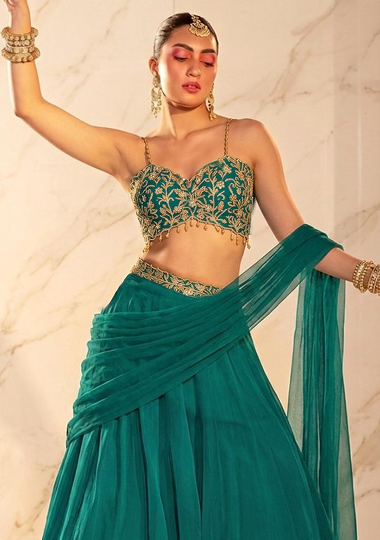 Green Embroidered Handwork Lehenga Set - Indya