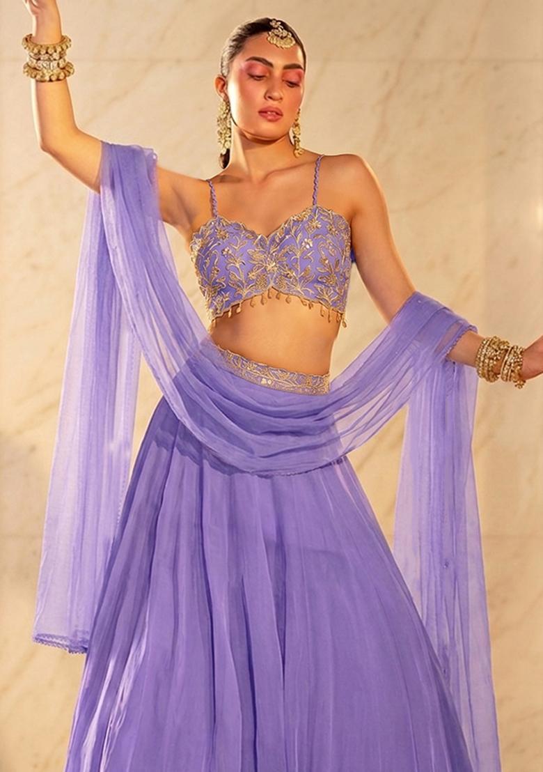 Lavender Embroidered Handwork Lehenga Set - Indya