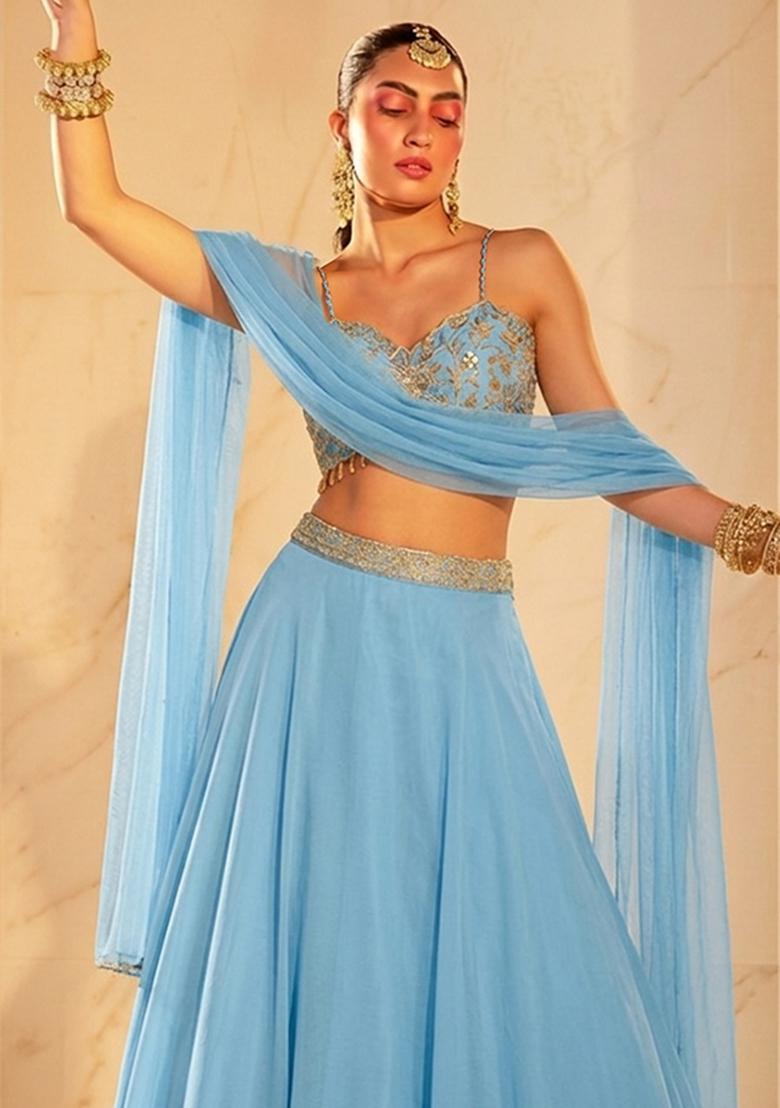 Light Blue Embroidered Handwork Lehenga Set - Indya
