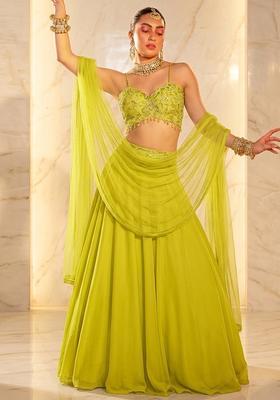 Lime Green Embroidered Handwork Lehenga Set