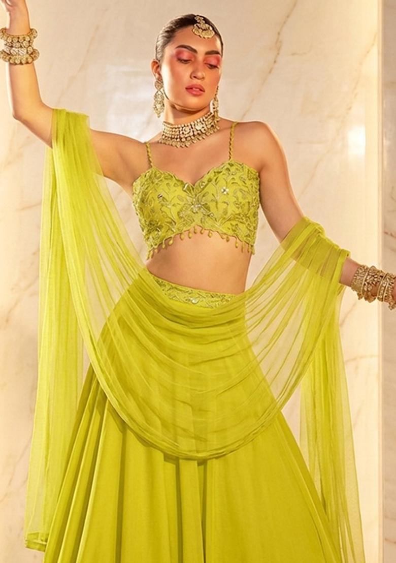 Lime Green Embroidered Handwork Lehenga Set - Indya