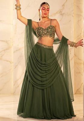 Olive Embroidered Handwork Lehenga Set