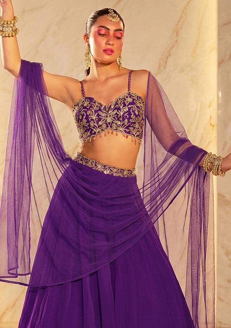 Purple Embroidered Handwork Lehenga Set - Indya