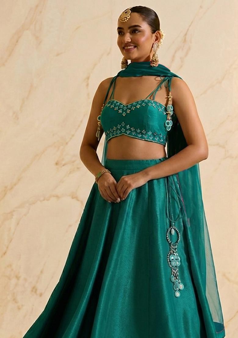 Green Embroidered Handwork Lehenga Set - Indya